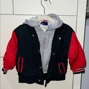 VINTAGE Baby Red and Black Puffer Jacket with Gray Hoodie Sweatshirt Wondbreaker